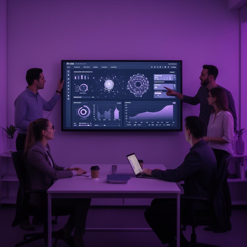 Marketing agency team reviewing AI analytics dashboard with campaign metrics
